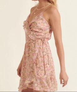 She She Boutique CLOTHING Floral Surplice Wrapped Dress - Apricot/Pink