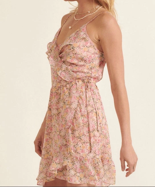 She She Boutique CLOTHING Floral Surplice Wrapped Dress - Apricot/Pink 4 She She Boutique CLOTHING Floral Surplice Wrapped Dress - Apricot/Pink