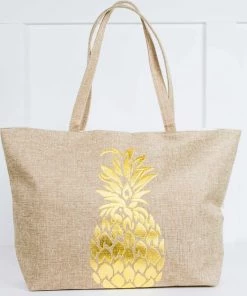 She She Boutique Aloha Pineapple Beach Bag - Jute/Gold