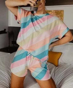 She She Boutique Striped Lounge Set, Shorts & Top - Pastel Combo CLOTHING