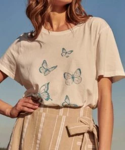She She Boutique Butterflies Short Sleeve Tee - Ivory CLOTHING