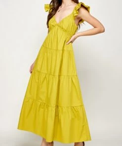 She She Boutique V-Neck Tiered Maxi Dress - Lime CLOTHING
