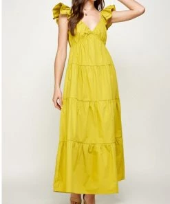 She She Boutique V-Neck Tiered Maxi Dress - Lime CLOTHING