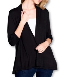 She She Boutique 3/4 Sleeve Open Front Cardigan - Ivory OR Black CLOTHING