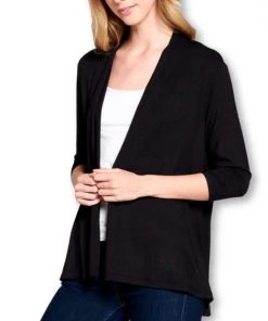 She She Boutique 3/4 Sleeve Open Front Cardigan - Ivory OR Black CLOTHING