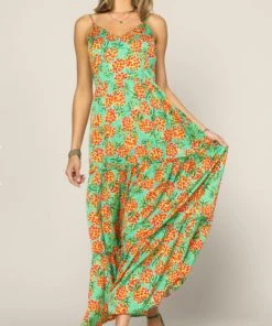 She She Boutique Tropical Maxi Dress - Green/Orange CLOTHING
