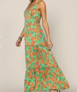 She She Boutique Tropical Maxi Dress - Green/Orange CLOTHING