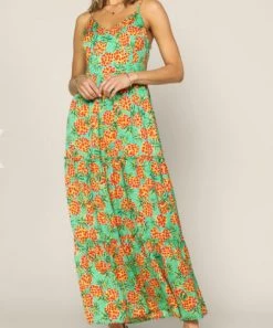 She She Boutique Tropical Maxi Dress - Green/Orange CLOTHING