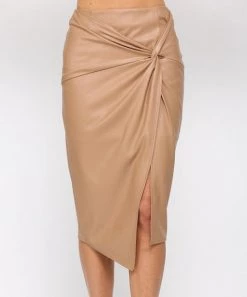 She She Boutique CLOTHING Faux Leather Midi Skirt - Latte