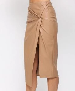 She She Boutique CLOTHING Faux Leather Midi Skirt - Latte