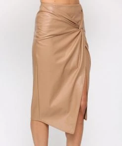 She She Boutique CLOTHING Faux Leather Midi Skirt - Latte