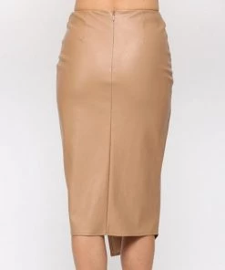 She She Boutique CLOTHING Faux Leather Midi Skirt - Latte