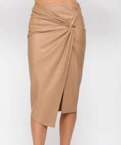 She She Boutique CLOTHING Faux Leather Midi Skirt - Latte