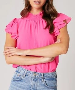 She She Boutique CLOTHING Sun Up Mock Neck Blouse - Fuchsia
