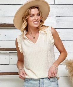 She She Boutique CLOTHING Textured Ruffle Sleeve Top - Cream