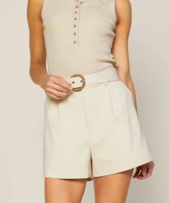 She She Boutique Buckled Belt Shorts - Bisque Beige CLOTHING