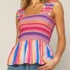 She She Boutique Multi Stripe Peplum Top - Blue/Pink/Orange CLOTHING