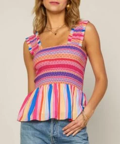 She She Boutique Multi Stripe Peplum Top - Blue/Pink/Orange CLOTHING