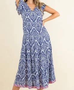 She She Boutique CLOTHING Flutter Sleeve Midi Dress - Navy