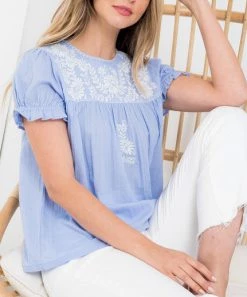She She Boutique Embroidered Short Sleeve Top - Blue