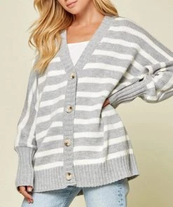 She She Boutique Striped Cardigan - Heather Grey CLOTHING