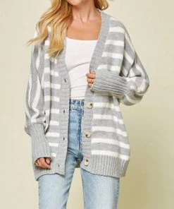 She She Boutique Striped Cardigan - Heather Grey CLOTHING