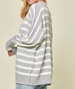 She She Boutique Striped Cardigan - Heather Grey CLOTHING