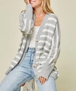 She She Boutique Striped Cardigan - Heather Grey CLOTHING