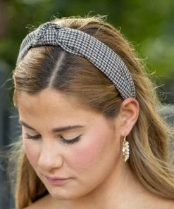 She She Boutique Plaid Top Knot Headband - Brown/Blue ACCESSORIES