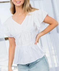 She She Boutique Poplin V-Neck Top - White
