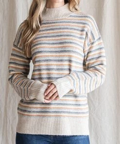 She She Boutique Stripe Mock Neck Sweater - Beige
