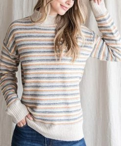 She She Boutique Stripe Mock Neck Sweater - Beige