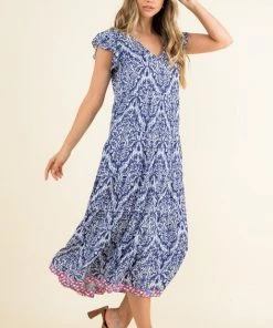 She She Boutique CLOTHING Flutter Sleeve Midi Dress - Navy