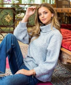 She She Boutique Rib Knit Turtleneck Top - Beige OR Light Gray