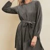 She She Boutique Belted Velvet Dress - Grey - FINAL SALE CLOTHING