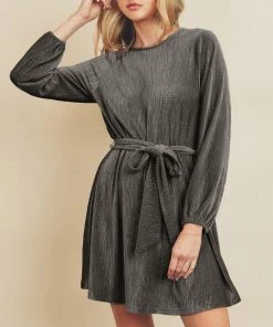 She She Boutique Belted Velvet Dress - Grey - FINAL SALE CLOTHING