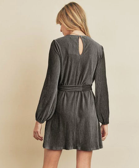 She She Boutique Belted Velvet Dress - Grey - FINAL SALE CLOTHING 5 She She Boutique Belted Velvet Dress - Grey - FINAL SALE CLOTHING