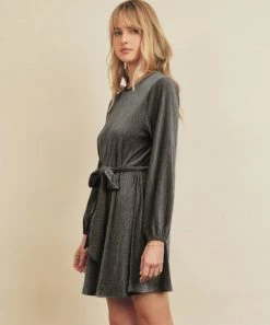 She She Boutique Belted Velvet Dress - Grey - FINAL SALE CLOTHING