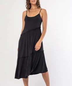 She She Boutique Asymmetrical Ruffle Tiered Midi Dress - Black