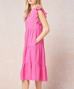 She She Boutique CLOTHING Tiered Midi Dress - Black OR Hot Pink