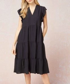 She She Boutique CLOTHING Tiered Midi Dress - Black OR Hot Pink
