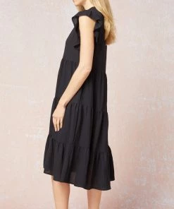 She She Boutique CLOTHING Tiered Midi Dress - Black OR Hot Pink