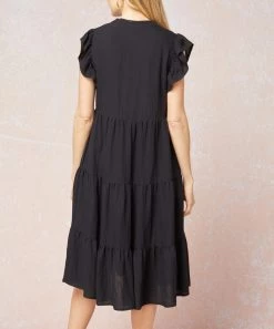 She She Boutique CLOTHING Tiered Midi Dress - Black OR Hot Pink