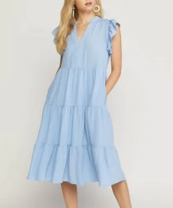 She She Boutique Tiered Midi Dress - Blue OR Off White CLOTHING