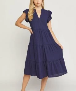 She She Boutique Tiered Midi Dress - Navy CLOTHING