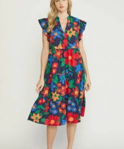 She She Boutique Floral Tiered Midi - Navy CLOTHING