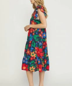 She She Boutique Floral Tiered Midi - Navy CLOTHING