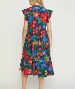 She She Boutique Floral Tiered Midi - Navy CLOTHING