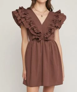 She She Boutique CLOTHING V-Neck Ruffle Dress - Hunter Green OR Chocolate