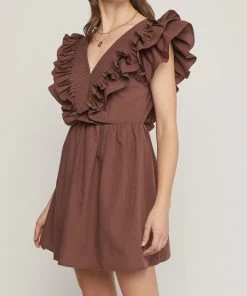 She She Boutique CLOTHING V-Neck Ruffle Dress - Hunter Green OR Chocolate